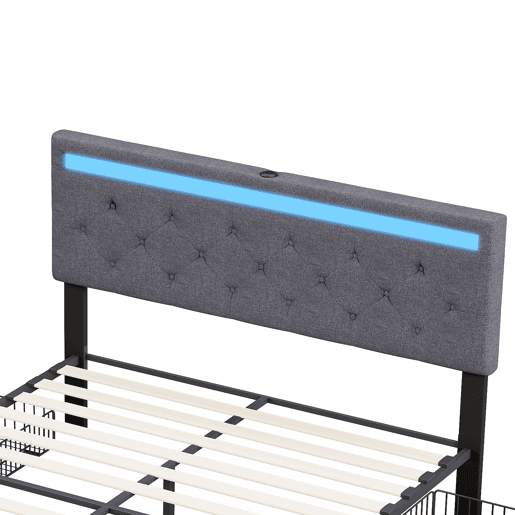 Cama estofada 140x190 cm, cama de casal com tecido de linho cinza, cabeceira com faixa LED + porta USB longa + faixa LED nos pés, 4 gavetas em ferro Cama estofada 140x190 cm, cama de casal com tecido de linho cinza, cabeceira com faixa LED + porta USB longa + faixa LED nos pés, 4 gavetas em ferro