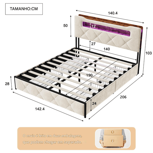 Cama 140x190 cm com 4 gavetas de armazenamento, cabeceira com iluminação LED, estofada em tecido bege, estrutura metálica e painéis Cama 140x190 cm com 4 gavetas de armazenamento, cabeceira com iluminação LED, estofada em tecido bege, estrutura metálica e painéis
