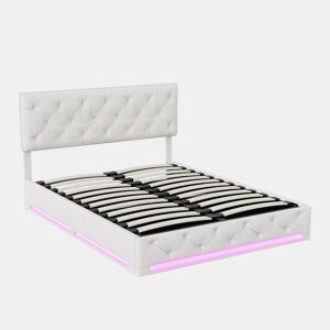 Cama 140x200cm - Espaço de arrumação - Estrado de ripas - Iluminação LED e cabeceira regulável - Linho - Bege