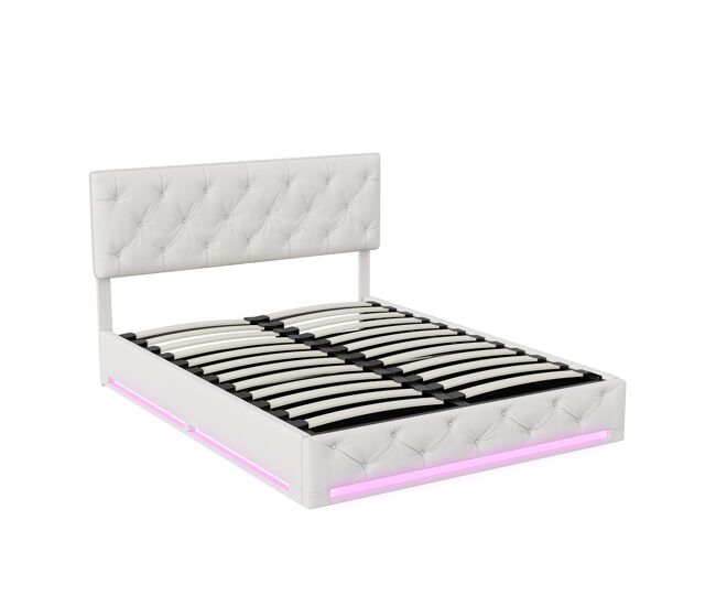 Cama 140x200cm - espacio de almacenaje - somier de láminas - iluminación led y cabecero regulable - lino - beige