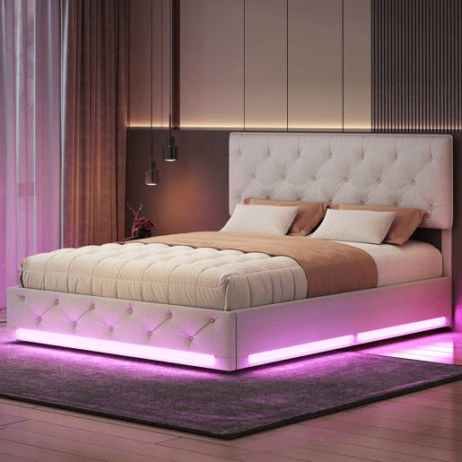 Cama 140x200cm - Espaço de arrumação - Estrado de ripas - Iluminação LED e cabeceira regulável - Linho - Bege Cama 140x200cm - Espaço de arrumação - Estrado de ripas - Iluminação LED e cabeceira regulável - Linho - Bege