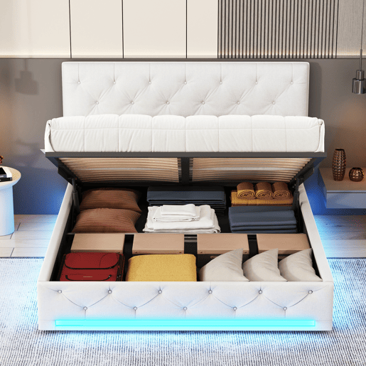 Cama 140x200cm - Espaço de arrumação - Estrado de ripas - Iluminação LED e cabeceira regulável - Linho - Bege Cama 140x200cm - Espaço de arrumação - Estrado de ripas - Iluminação LED e cabeceira regulável - Linho - Bege