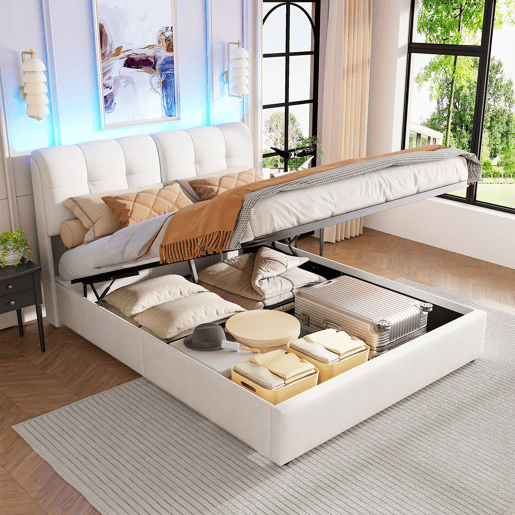 Cama estofada 140x200cm com faixa de luz de 7 cores u2013 estrado de ripas, armário e veludo u2013 branco-bege
