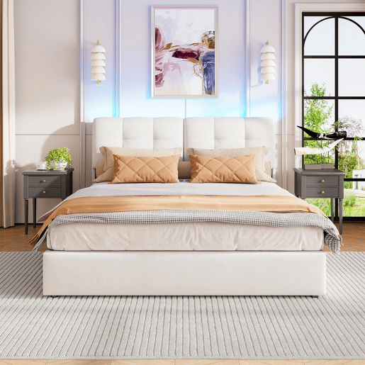Cama estofada 140x200cm com faixa de luz de 7 cores u2013 estrado de ripas, armário e veludo u2013 branco-bege