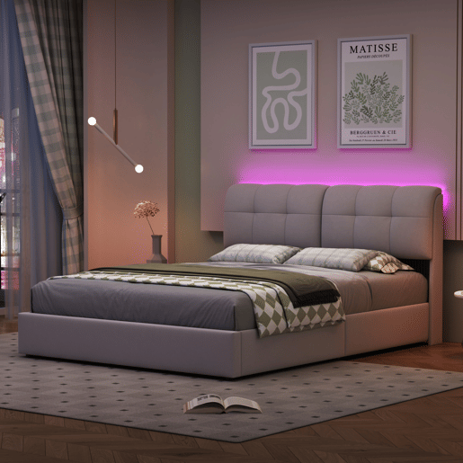 Cama estofada 140x200cm com faixa de luz de 7 cores u2013 estrado de ripas, armário e veludo u2013 branco-bege