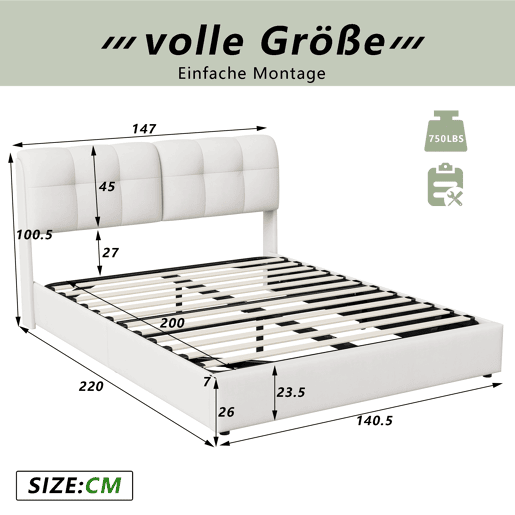 Cama estofada 140x200cm com faixa de luz de 7 cores u2013 estrado de ripas, armário e veludo u2013 branco-bege