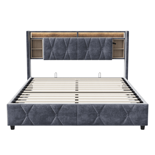 Cama de arrumação 140x200cm - Cama de casal com estrado de ripas e cabeceira LED com porta de carregamento USBTipo C, em tecido de veludo cinzento Cama de arrumação 140x200cm - Cama de casal com estrado de ripas e cabeceira LED com porta de carregamento USBTipo C, em tecido de veludo cinzento
