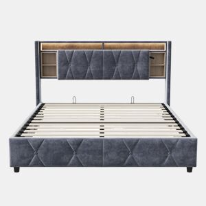Cama de arrumação 140x200cm - Cama de casal com estrado de ripas e cabeceira LED com porta de carregamento USBTipo C, em tecido de veludo cinzento