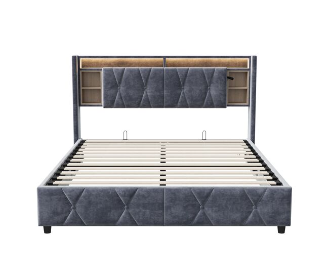 Cama contenedor 140x200cm - cama doble con somier y cabecero led con puerto de carga usb/tipo c, en tejido de terciopelo gris