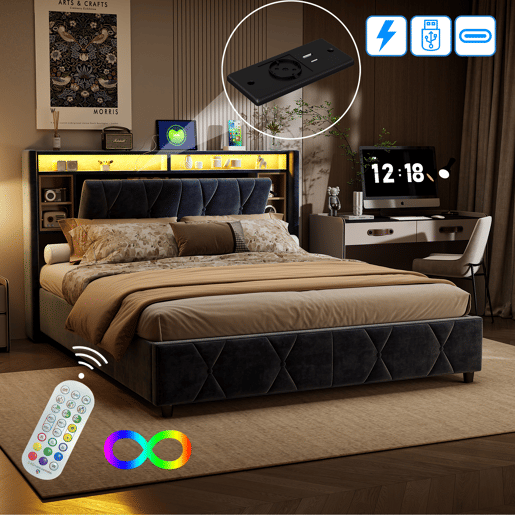 Cama de arrumação 140x200cm - Cama de casal com estrado de ripas e cabeceira LED com porta de carregamento USBTipo C, em tecido de veludo cinzento Cama de arrumação 140x200cm - Cama de casal com estrado de ripas e cabeceira LED com porta de carregamento USBTipo C, em tecido de veludo cinzento