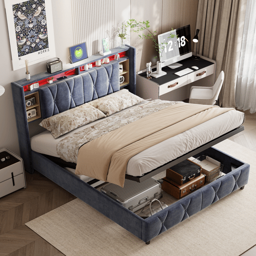 Cama de arrumação 140x200cm - Cama de casal com estrado de ripas e cabeceira LED com porta de carregamento USBTipo C, em tecido de veludo cinzento Cama de arrumação 140x200cm - Cama de casal com estrado de ripas e cabeceira LED com porta de carregamento USBTipo C, em tecido de veludo cinzento