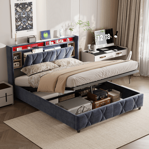 Cama de arrumação 140x200cm - Cama de casal com estrado de ripas e cabeceira LED com porta de carregamento USBTipo C, em tecido de veludo cinzento Cama de arrumação 140x200cm - Cama de casal com estrado de ripas e cabeceira LED com porta de carregamento USBTipo C, em tecido de veludo cinzento