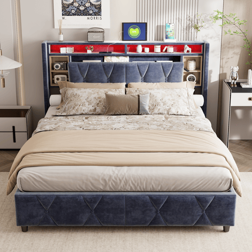 Cama de arrumação 140x200cm - Cama de casal com estrado de ripas e cabeceira LED com porta de carregamento USBTipo C, em tecido de veludo cinzento Cama de arrumação 140x200cm - Cama de casal com estrado de ripas e cabeceira LED com porta de carregamento USBTipo C, em tecido de veludo cinzento