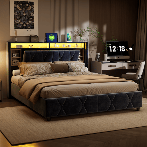 Cama de arrumação 140x200cm - Cama de casal com estrado de ripas e cabeceira LED com porta de carregamento USBTipo C, em tecido de veludo cinzento Cama de arrumação 140x200cm - Cama de casal com estrado de ripas e cabeceira LED com porta de carregamento USBTipo C, em tecido de veludo cinzento