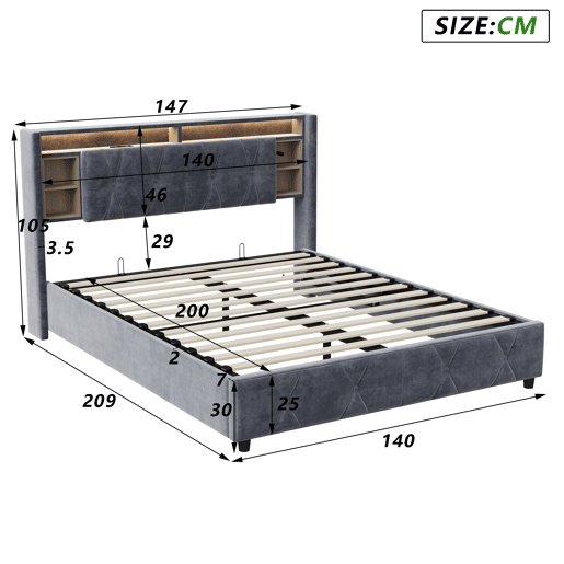 Cama de arrumação 140x200cm - Cama de casal com estrado de ripas e cabeceira LED com porta de carregamento USBTipo C, em tecido de veludo cinzento Cama de arrumação 140x200cm - Cama de casal com estrado de ripas e cabeceira LED com porta de carregamento USBTipo C, em tecido de veludo cinzento