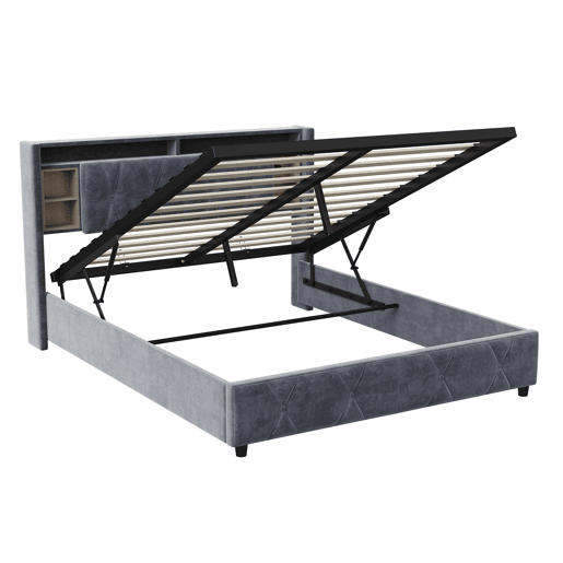Cama de arrumação 140x200cm - Cama de casal com estrado de ripas e cabeceira LED com porta de carregamento USBTipo C, em tecido de veludo cinzento Cama de arrumação 140x200cm - Cama de casal com estrado de ripas e cabeceira LED com porta de carregamento USBTipo C, em tecido de veludo cinzento
