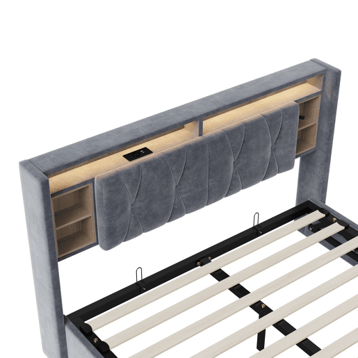 Cama de arrumação 140x200cm - Cama de casal com estrado de ripas e cabeceira LED com porta de carregamento USBTipo C, em tecido de veludo cinzento Cama de arrumação 140x200cm - Cama de casal com estrado de ripas e cabeceira LED com porta de carregamento USBTipo C, em tecido de veludo cinzento