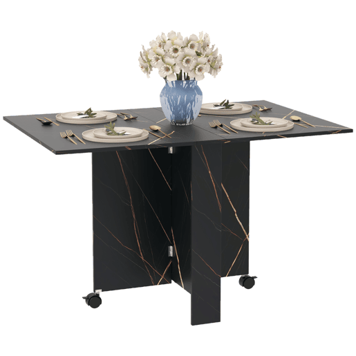 Mesa de jantar dobrável com rodas e 2 abas rebatíveis, acomoda até 6 pessoas, acabamento em mármore, 120x80x73 cm, preta.