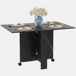 Mesa de jantar dobrável com rodas e 2 abas rebatíveis, acomoda até 6 pessoas, acabamento em mármore, 120x80x73 cm, preta.
