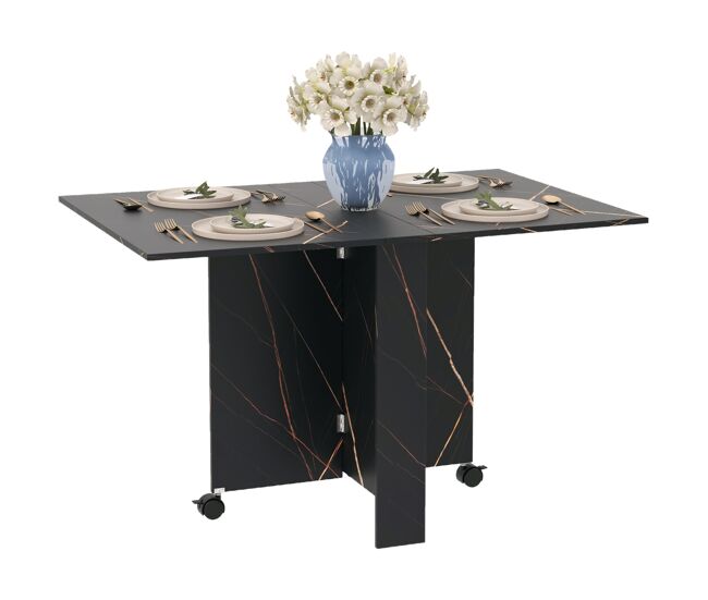 Mesa de comedor plegable con ruedas y 2 alas abatibles hasta 6 personas acabado mármol 120x80x73 cm negro