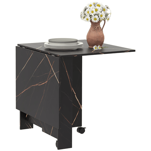 Mesa de jantar dobrável com rodas e 2 abas rebatíveis, acomoda até 6 pessoas, acabamento em mármore, 120x80x73 cm, preta.