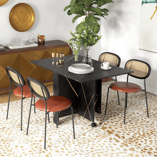 Mesa de jantar dobrável com rodas e 2 abas rebatíveis, acomoda até 6 pessoas, acabamento em mármore, 120x80x73 cm, preta.