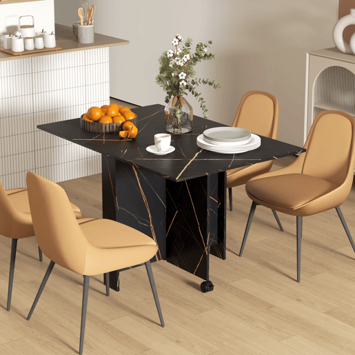 Mesa de jantar dobrável com rodas e 2 abas rebatíveis, acomoda até 6 pessoas, acabamento em mármore, 120x80x73 cm, preta.