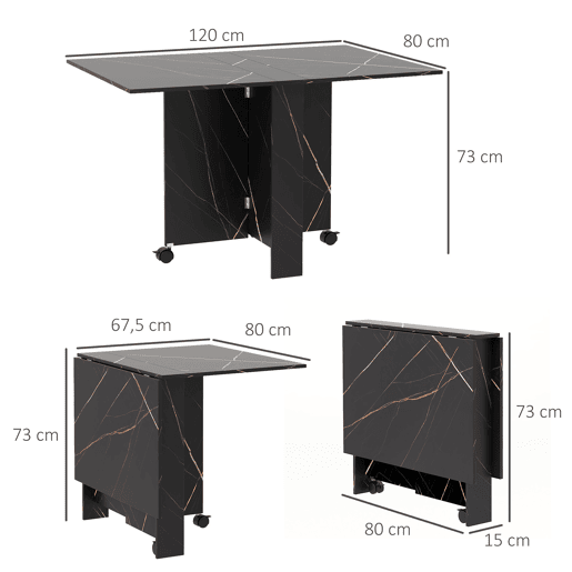 Mesa de jantar dobrável com rodas e 2 abas rebatíveis, acomoda até 6 pessoas, acabamento em mármore, 120x80x73 cm, preta.
