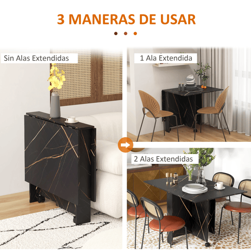 Mesa de jantar dobrável com rodas e 2 abas rebatíveis, acomoda até 6 pessoas, acabamento em mármore, 120x80x73 cm, preta.