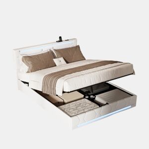 Cama 140x200 cm com armazenamento e iluminação LED, cabeceira e pés com LED, estofada em linho bege, carregador USB integrado