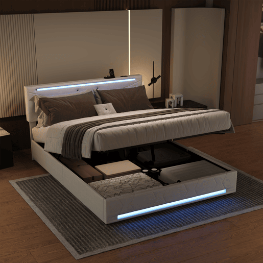 Cama 140x200 cm com armazenamento e iluminação LED, cabeceira e pés com LED, estofada em linho bege, carregador USB integrado Cama 140x200 cm com armazenamento e iluminação LED, cabeceira e pés com LED, estofada em linho bege, carregador USB integrado