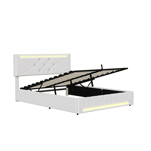Cama 140x200 cm com armazenamento e iluminação LED, cabeceira e pés com LED, estofada em linho bege, carregador USB integrado Cama 140x200 cm com armazenamento e iluminação LED, cabeceira e pés com LED, estofada em linho bege, carregador USB integrado