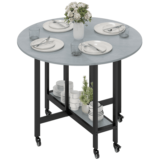 Mesa de jantar dobrável com rodas e prateleira aberta, mesa de cozinha para espaços pequenos, cinza cimento Mesa de jantar dobrável com rodas e prateleira aberta, mesa de cozinha para espaços pequenos, cinza cimento