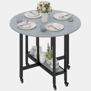 Mesa de jantar dobrável com rodas e prateleira aberta, mesa de cozinha para espaços pequenos, cinza cimento