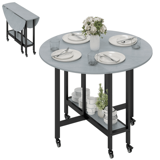 Mesa de jantar dobrável com rodas e prateleira aberta, mesa de cozinha para espaços pequenos, cinza cimento Mesa de jantar dobrável com rodas e prateleira aberta, mesa de cozinha para espaços pequenos, cinza cimento