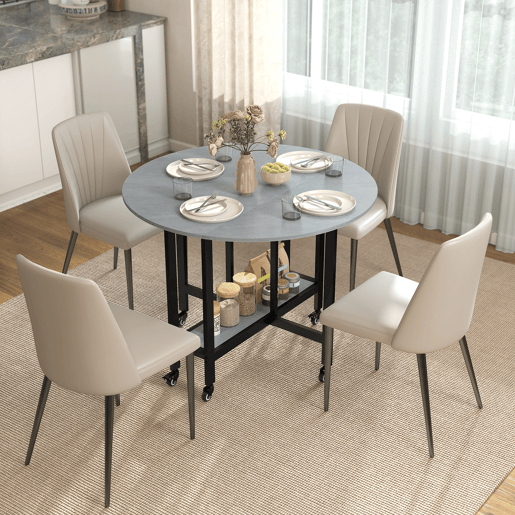Mesa de jantar dobrável com rodas e prateleira aberta, mesa de cozinha para espaços pequenos, cinza cimento Mesa de jantar dobrável com rodas e prateleira aberta, mesa de cozinha para espaços pequenos, cinza cimento
