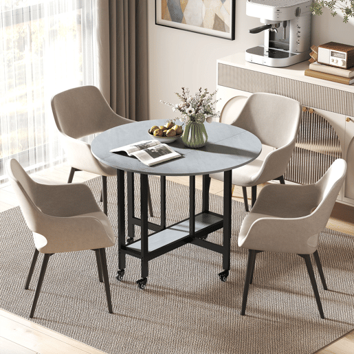 Mesa de jantar dobrável com rodas e prateleira aberta, mesa de cozinha para espaços pequenos, cinza cimento Mesa de jantar dobrável com rodas e prateleira aberta, mesa de cozinha para espaços pequenos, cinza cimento