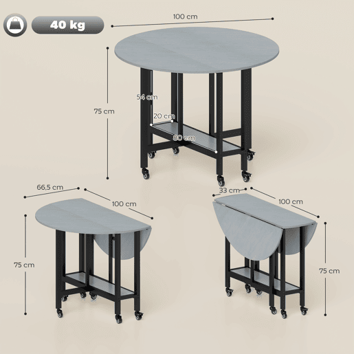 Mesa de jantar dobrável com rodas e prateleira aberta, mesa de cozinha para espaços pequenos, cinza cimento Mesa de jantar dobrável com rodas e prateleira aberta, mesa de cozinha para espaços pequenos, cinza cimento