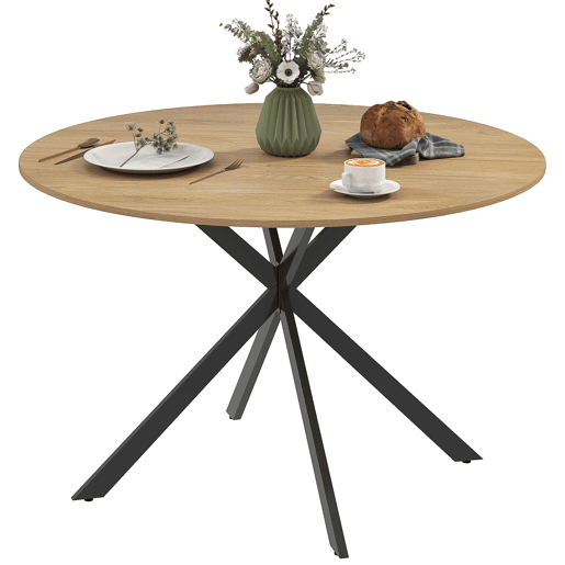 Mesa de jantar redonda para 4 pessoas com estrutura de aço, Ø120x75 cm, em carvalho.
