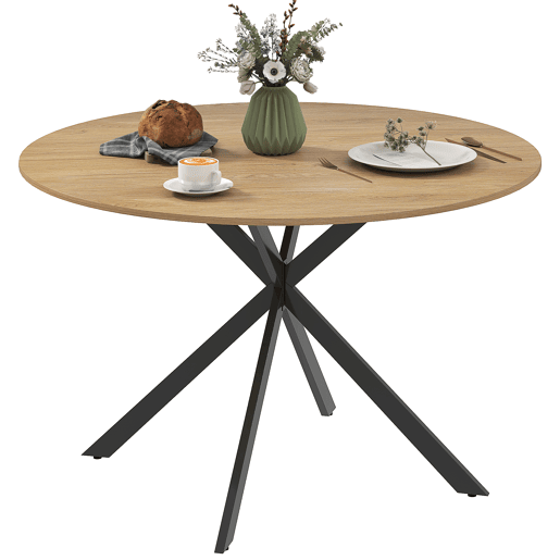 Mesa de jantar redonda para 4 pessoas com estrutura de aço, Ø120x75 cm, em carvalho.