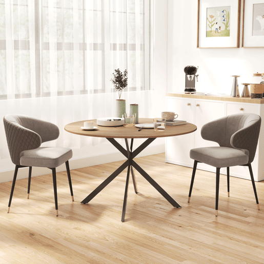 Mesa de jantar redonda para 4 pessoas com estrutura de aço, Ø120x75 cm, em carvalho.