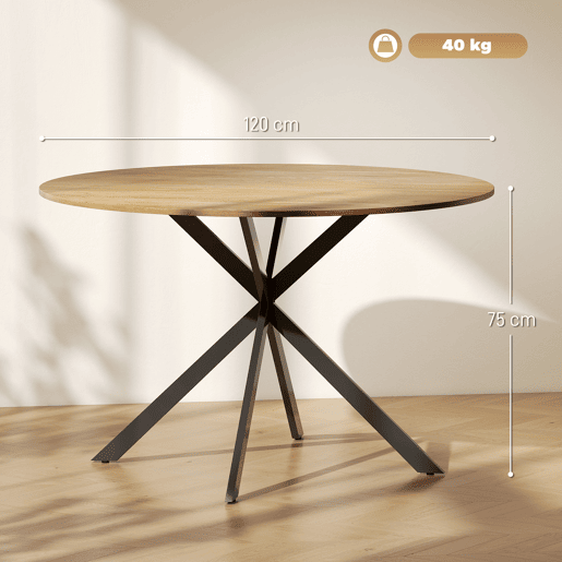 Mesa de jantar redonda para 4 pessoas com estrutura de aço, Ø120x75 cm, em carvalho.