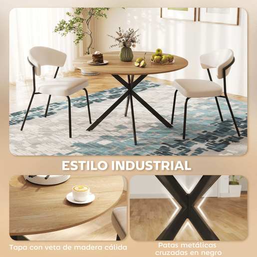 Mesa de jantar redonda para 4 pessoas com estrutura de aço, Ø120x75 cm, em carvalho.