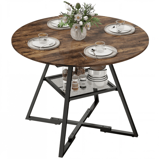 Mesa de jantar redonda para 4 pessoas com prateleira, estrutura de metal para sala de estar, Ø100x76 cm, marrom rústico