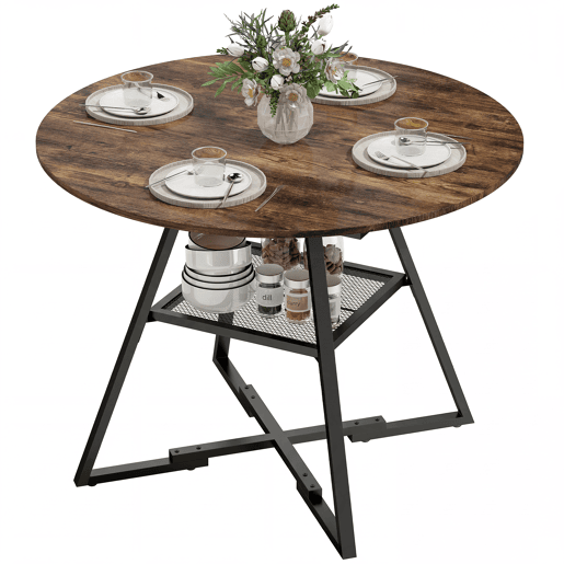 Mesa de jantar redonda para 4 pessoas com prateleira, estrutura de metal para sala de estar, Ø100x76 cm, marrom rústico