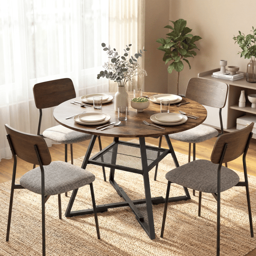 Mesa de jantar redonda para 4 pessoas com prateleira, estrutura de metal para sala de estar, Ø100x76 cm, marrom rústico