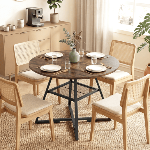 Mesa de jantar redonda para 4 pessoas com prateleira, estrutura de metal para sala de estar, Ø100x76 cm, marrom rústico