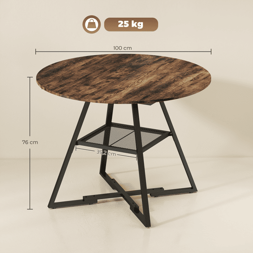 Mesa de jantar redonda para 4 pessoas com prateleira, estrutura de metal para sala de estar, Ø100x76 cm, marrom rústico