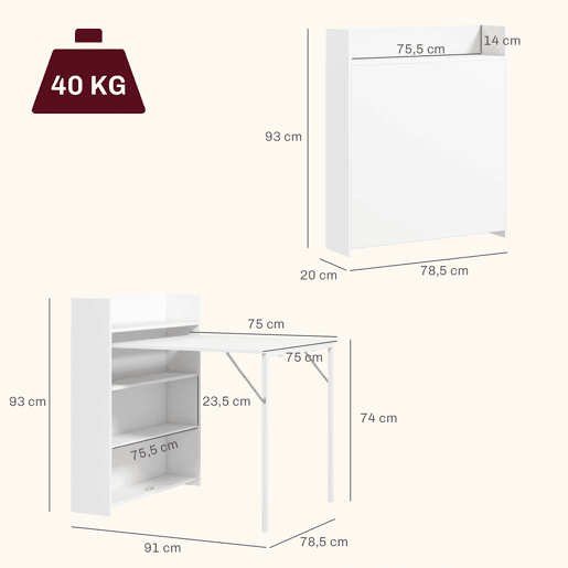 Mesa de jantar dobrável com aba rebatível, 4 compartimentos, capacidade para até 3 pessoas, 78,5 x 91 x 93 cm, branca.