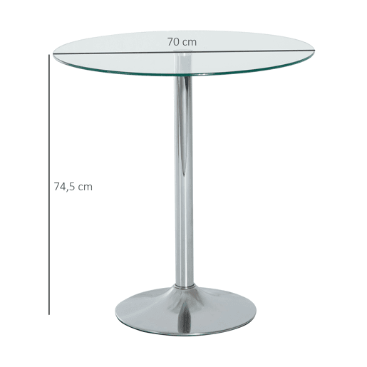 Mesa de jantar redonda para 2 pessoas, mesa de cozinha moderna com tampo de vidro temperado para sala de estar, prateada